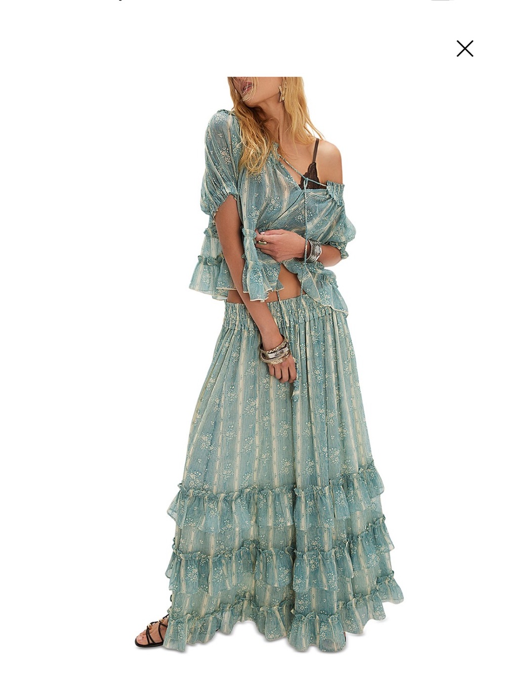 Bohemian Ruffled Maxi Dress Set in Aqua Blue and Cream